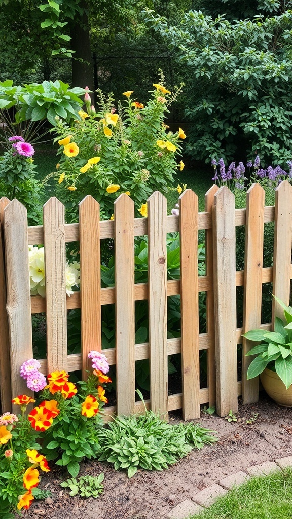 A rustic wooden pallet fence surrounded by colorful flowers in a garden.