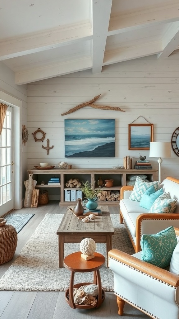 Cozy beach house living room with rustic nautical decor, featuring wooden furniture, ocean-themed artwork, and natural elements.