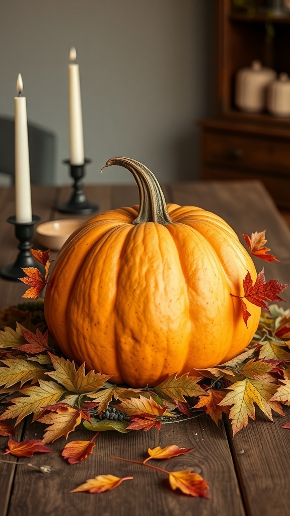 A rustic pumpkin centerpiece with autumn leaves and candles on a wooden table.
