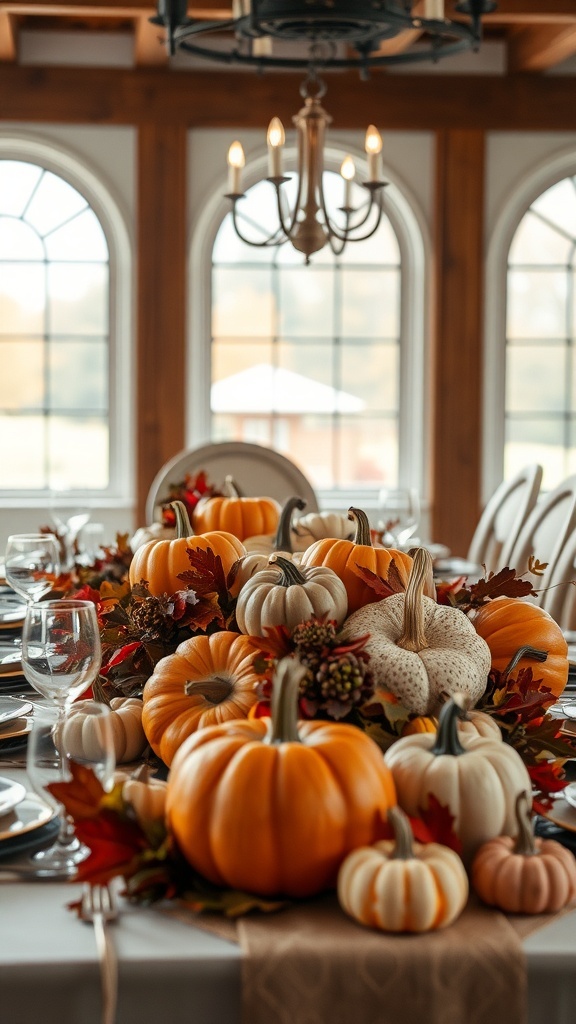 A beautiful rustic pumpkin centerpiece featuring various sizes and colors of pumpkins surrounded by autumn leaves on a dining table.
