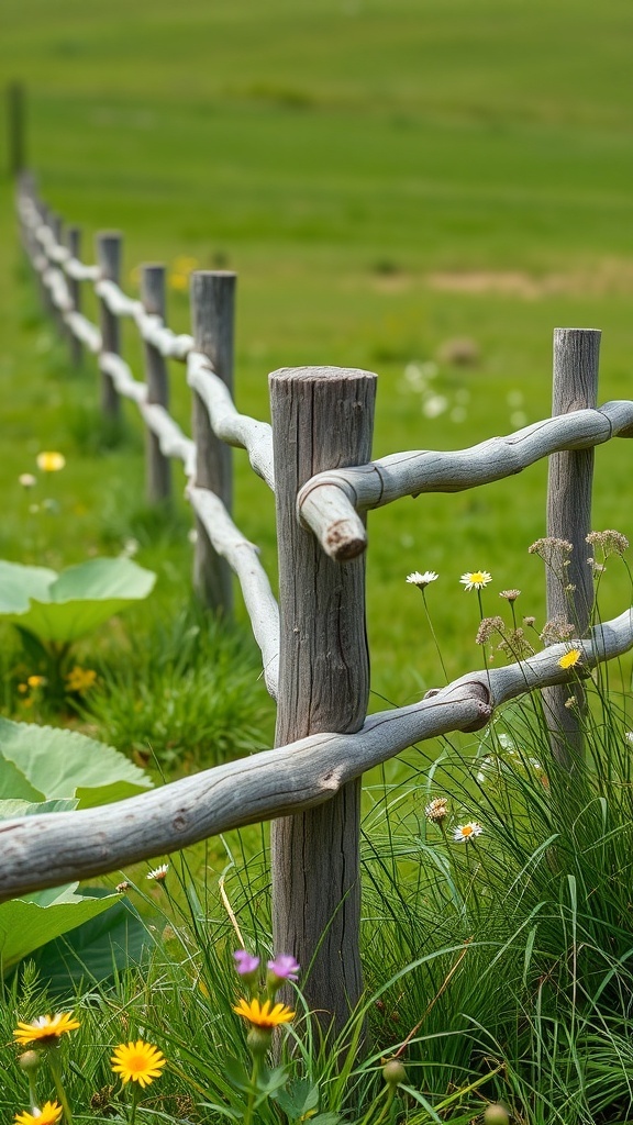 A rustic split rail fence surrounded by green grass and wildflowers.