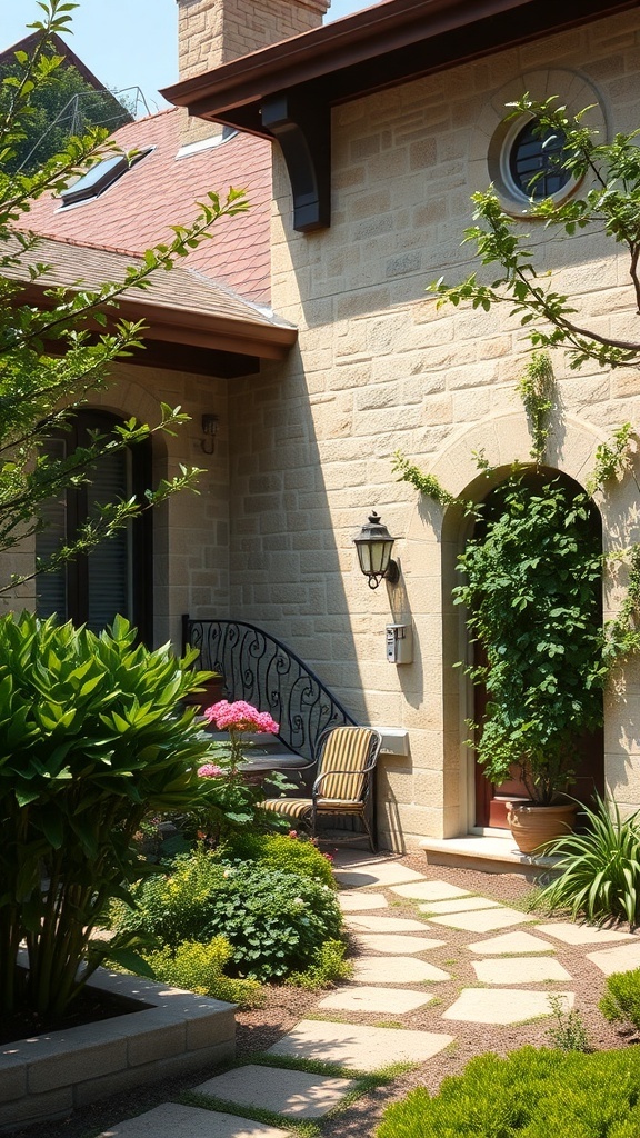 A cozy house exterior featuring rustic stone walls, lush greenery, and a charming pathway.