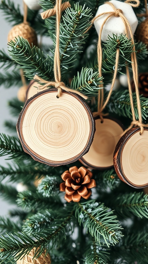 Rustic wood slice ornaments hanging on a Christmas tree