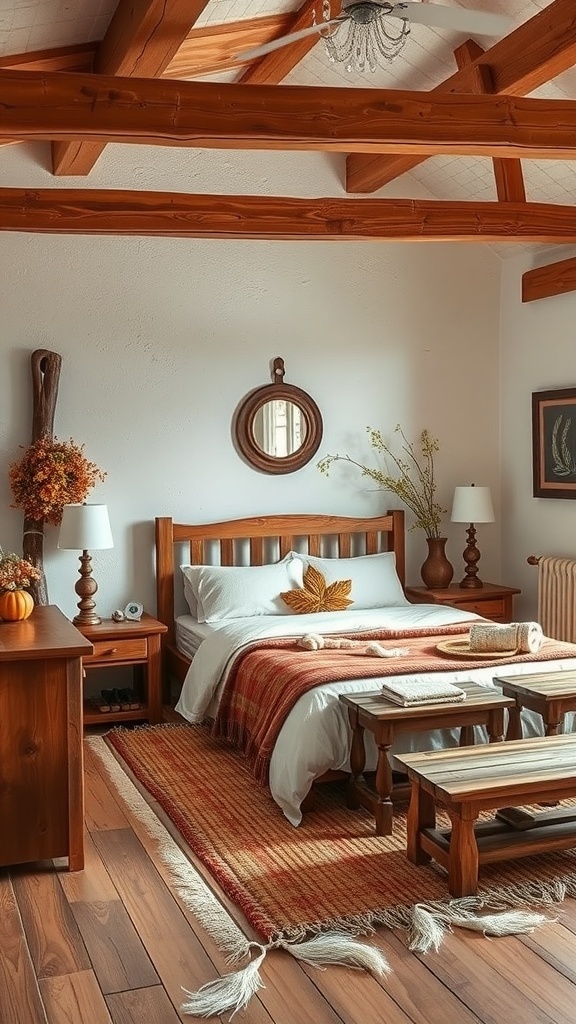 A cozy bedroom featuring rustic wooden furniture and autumn decor.