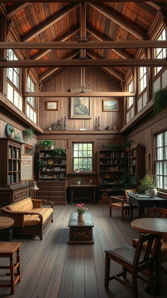 A vintage room with rustic wooden elements, featuring wooden beams, shelves, and furniture.