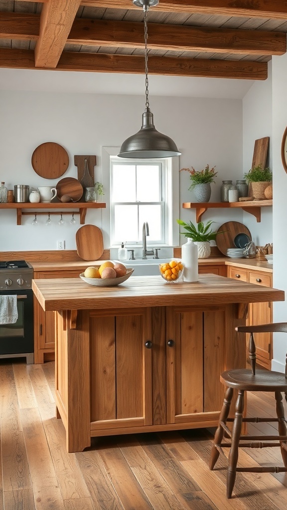 A rustic wooden kitchen island with a bowl of fruit on top, surrounded by wooden shelves and a cozy atmosphere.