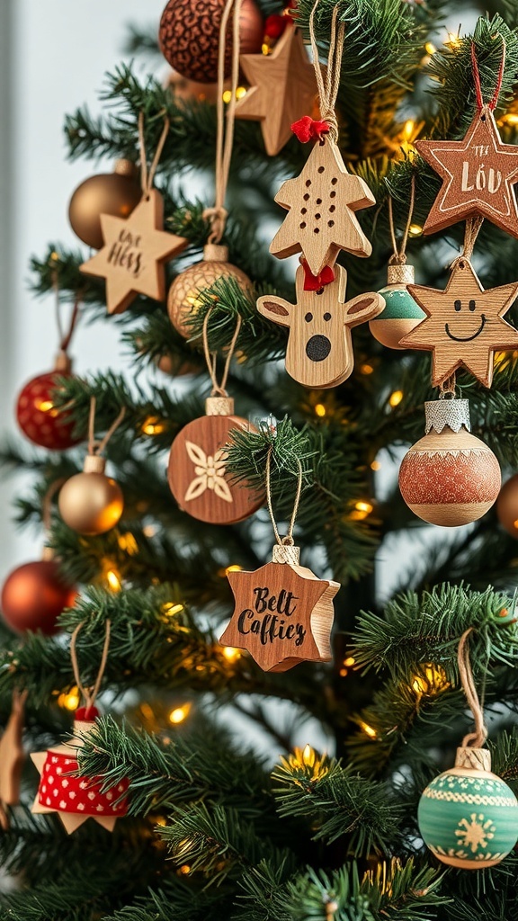 A close-up of rustic wooden ornaments hanging on a Christmas tree, featuring stars, a reindeer, and various colorful baubles.