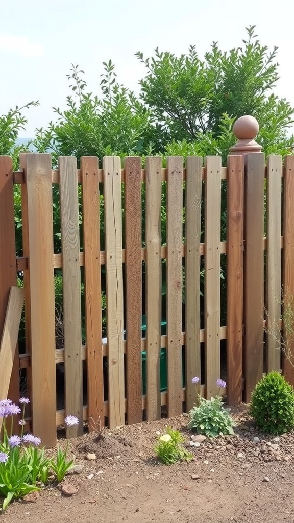 A rustic wooden pallet fence with a mix of wood tones and greenery in the background.