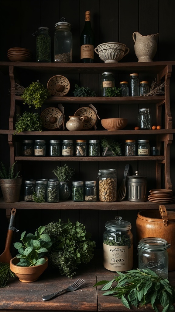 Rustic wooden shelves filled with jars of herbs and plants in a dark kitchen