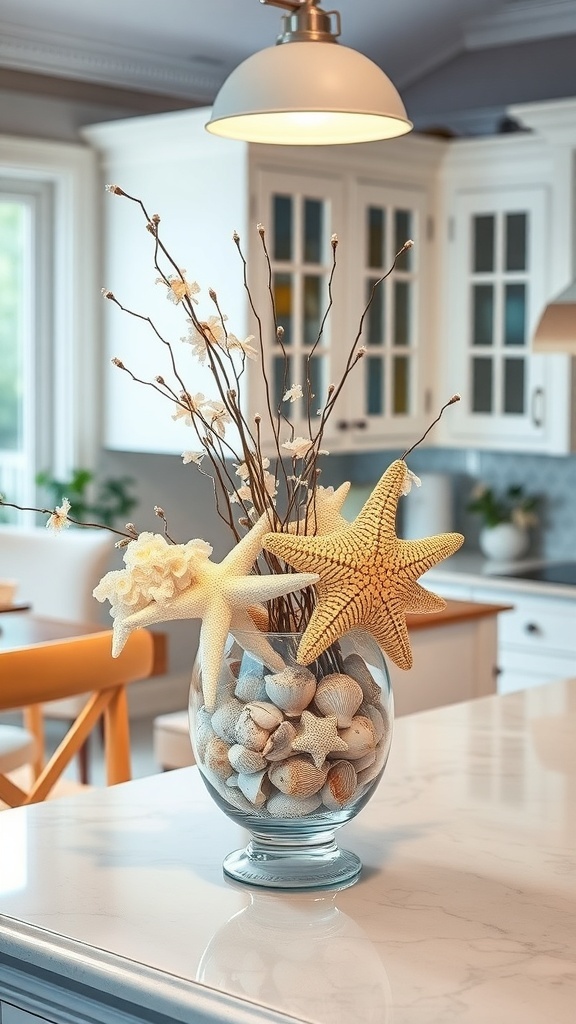 A glass vase filled with seashells and starfish on a kitchen island.