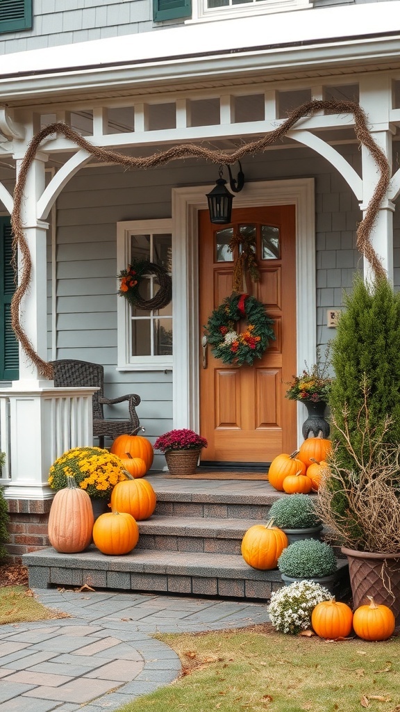 Cozy house exterior with pumpkins, flowers, and a wreath for seasonal decor.