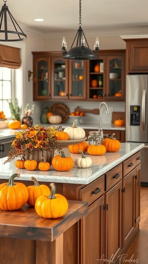 A kitchen island decorated with various pumpkins and autumn leaves.