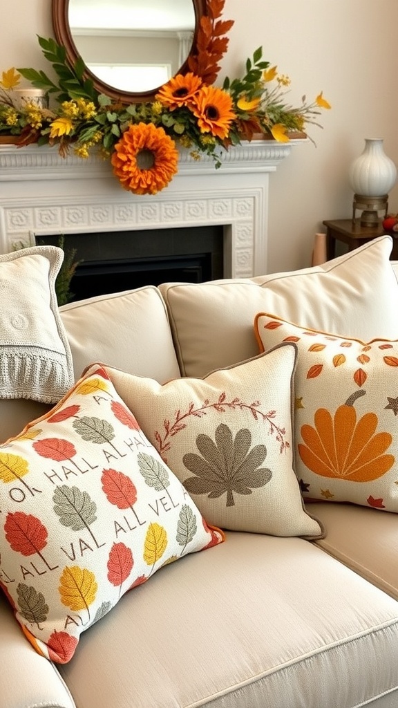 Cozy couch with seasonal fall pillows featuring leaf patterns.