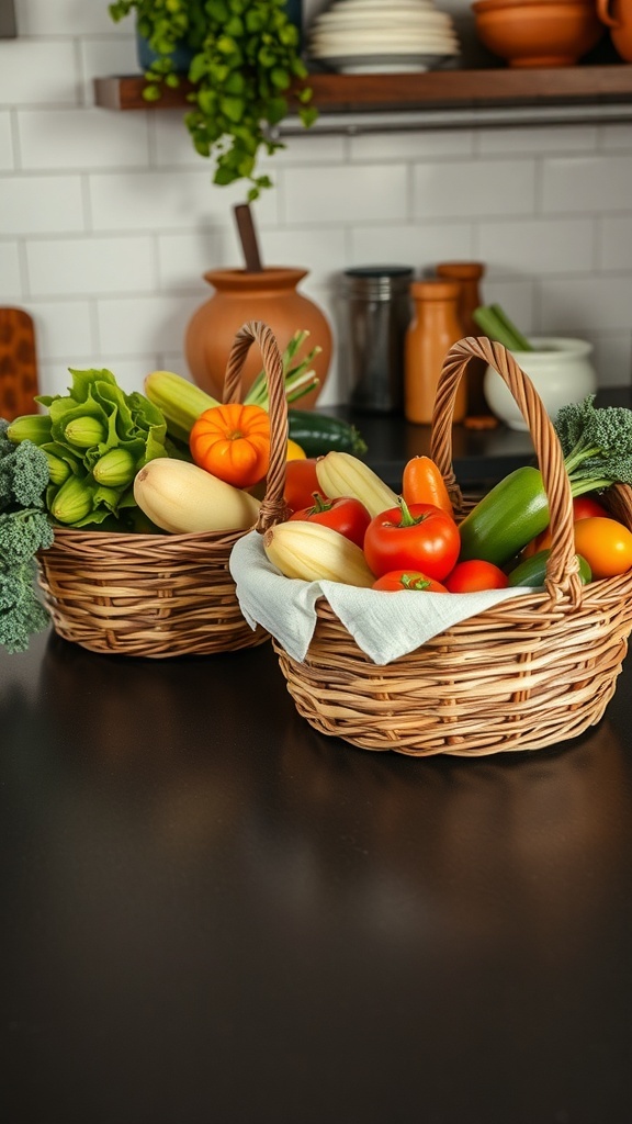 Two baskets filled with colorful seasonal vegetables and fruits on a dark kitchen table.