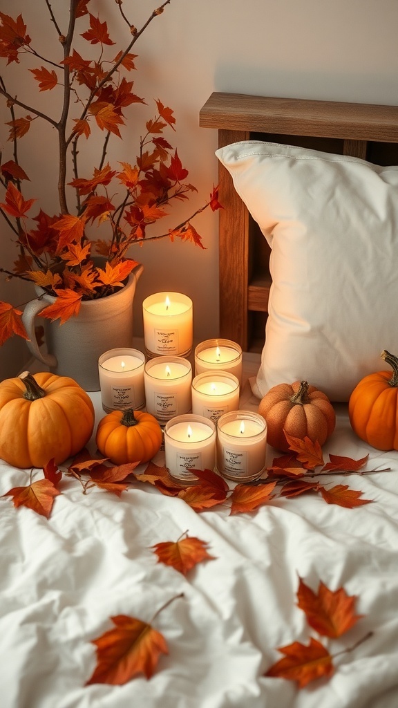A cozy autumn bedroom setup with scented candles, pumpkins, and fall leaves.
