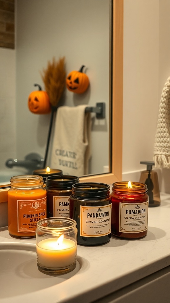 A collection of seasonal scented candles on a bathroom counter, including pumpkin spice and cinnamon scents, with Halloween decorations in the background.