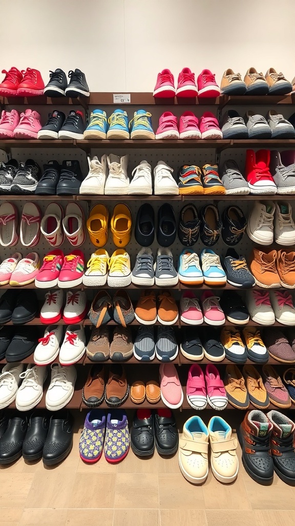 A neatly organized display of children's shoes on shelves, showcasing various styles and colors.