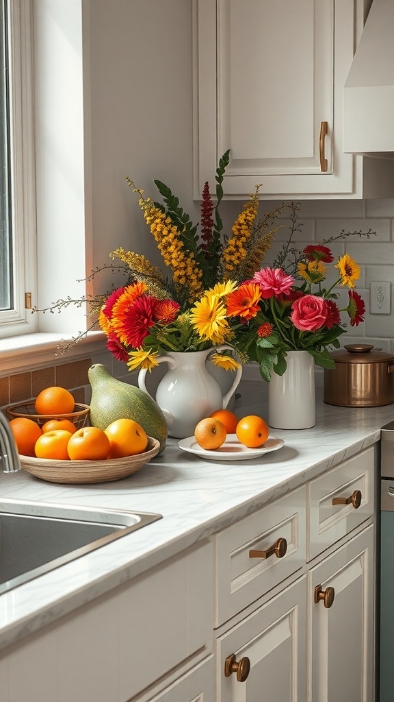 A kitchen countertop styled with vibrant flowers and fresh fruits.