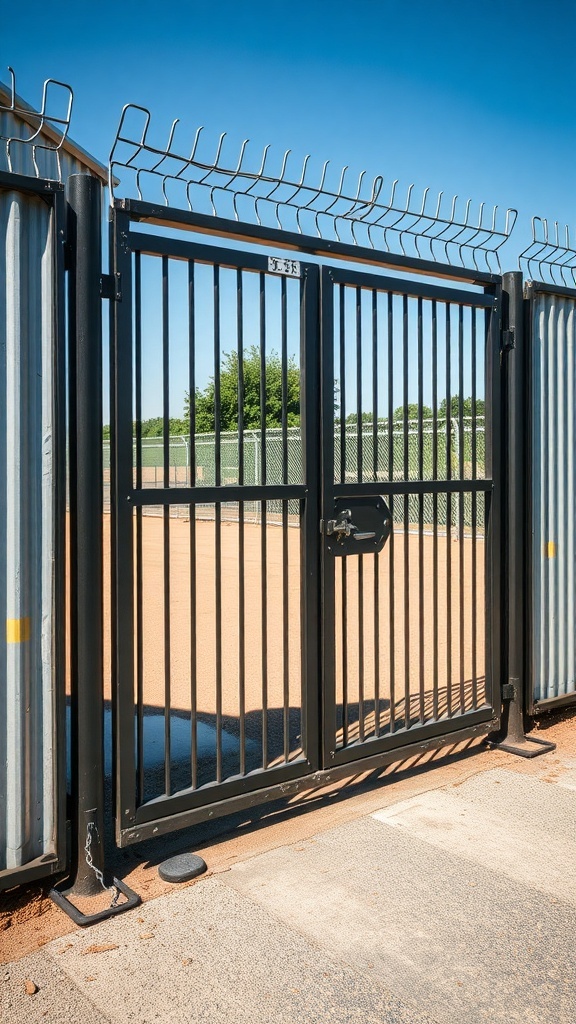 A secure corrugated metal fence with a locked gate and barbed wire on top.