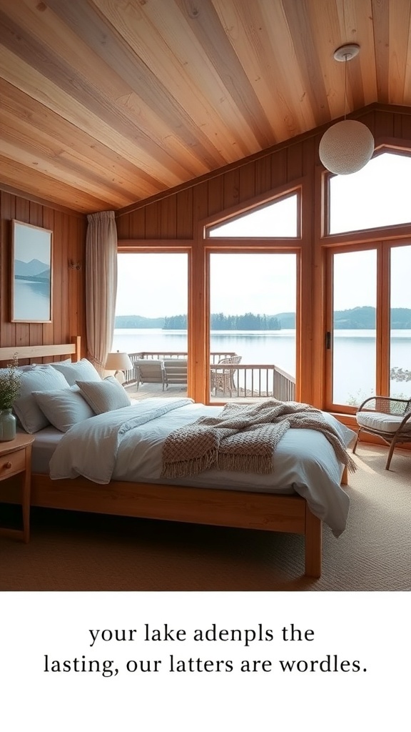 Cozy lake house bedroom with large windows and wooden accents
