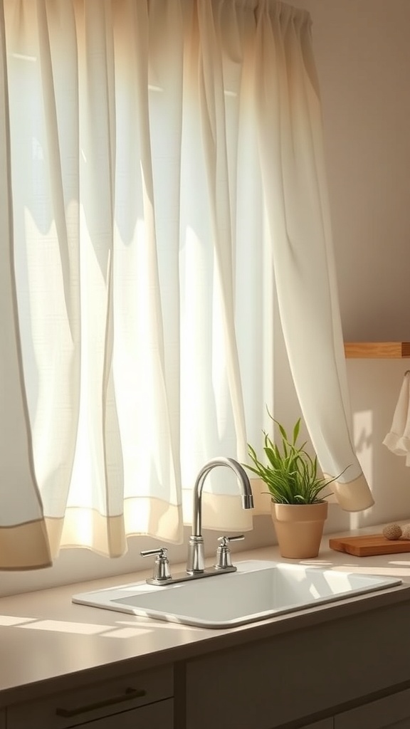 Sheer linen drapes above a kitchen sink, allowing natural light to filter through.