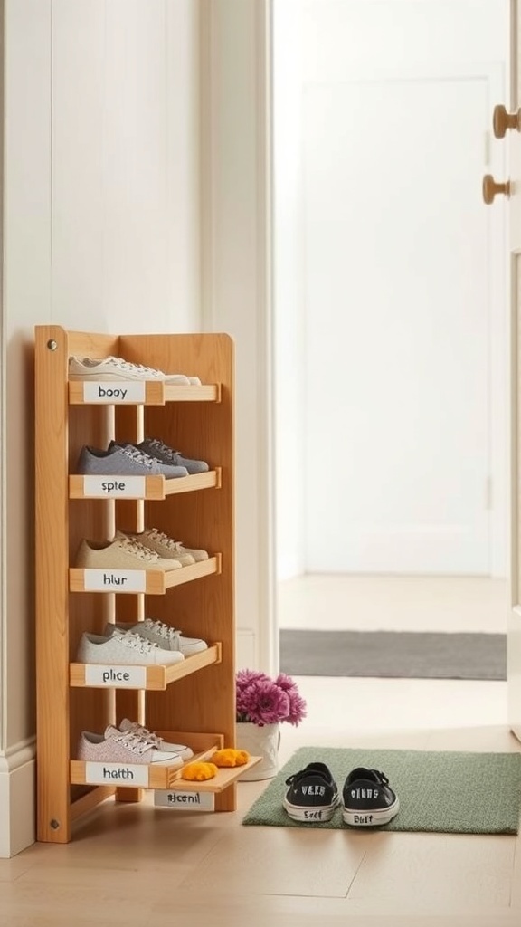 A wooden shoe rack with labeled sections for children's shoes.