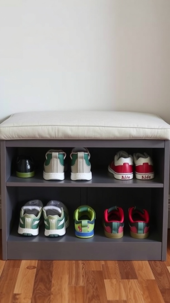 A shoe storage bench with various kids' shoes neatly arranged on shelves.