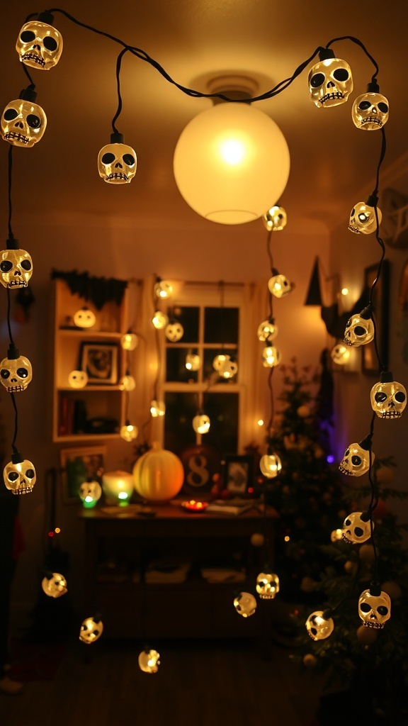 String lights with skull-shaped bulbs hanging in a room