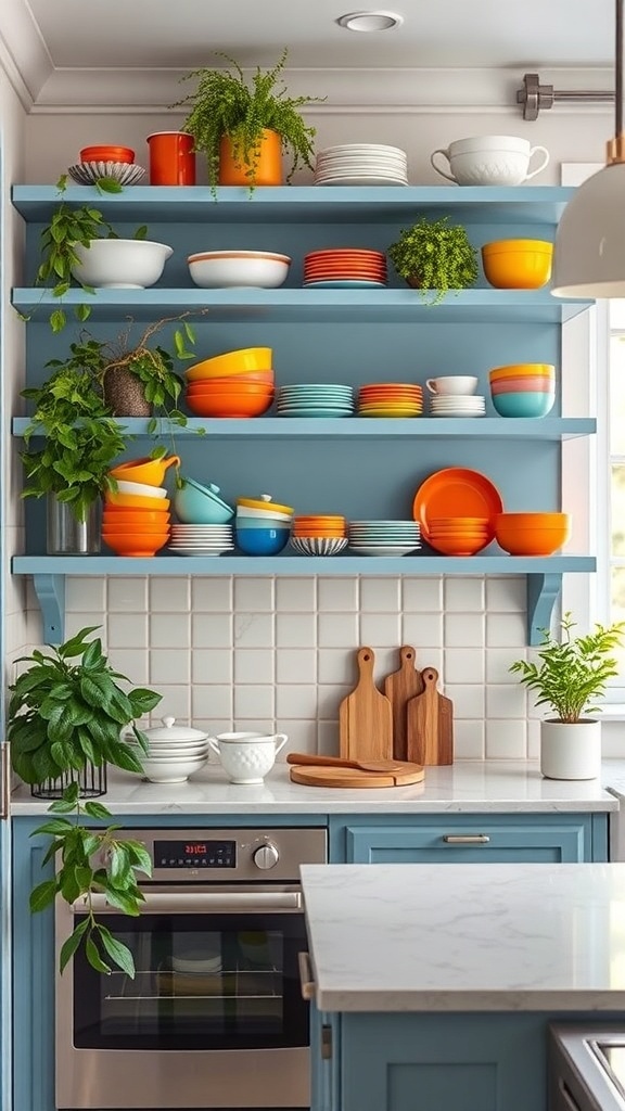 Sky blue open shelving with colorful dishes and plants in a kitchen.