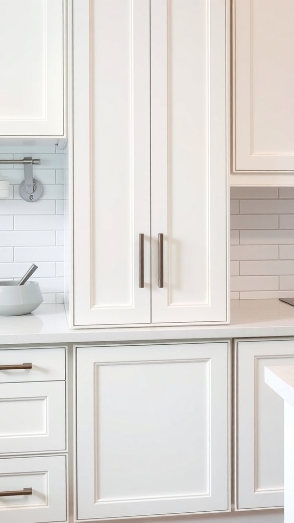 Close-up of sleek hardware on white kitchen cabinets