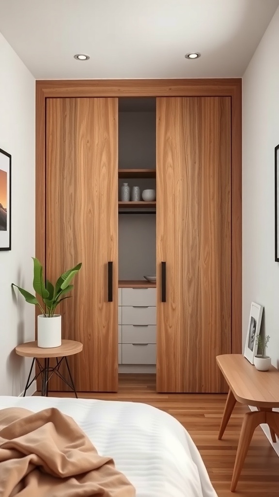 A cozy bedroom featuring sliding wooden doors, a small plant, and minimalist furniture.