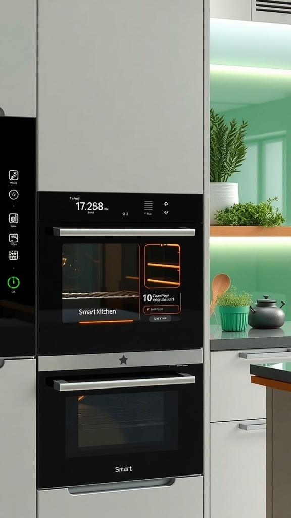 A modern kitchen featuring smart appliances with digital displays.