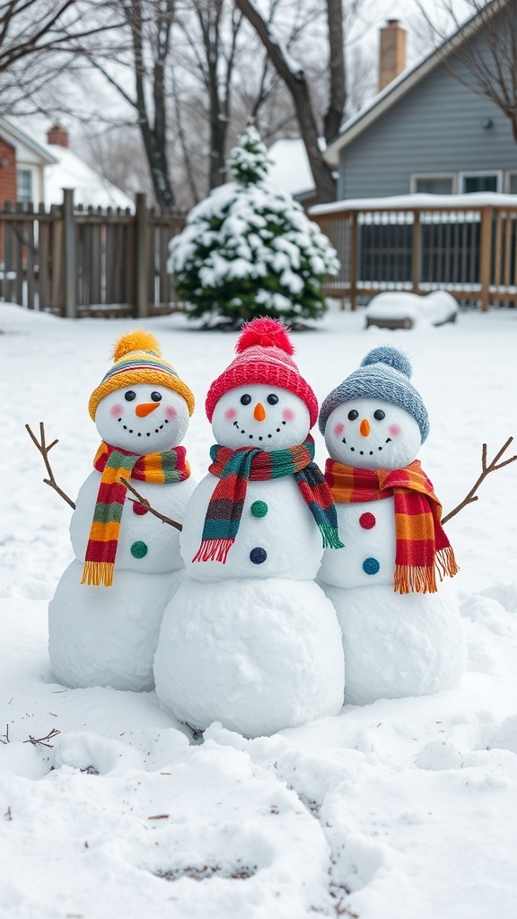 A family of three snowmen wearing colorful hats and scarves in a snowy yard.