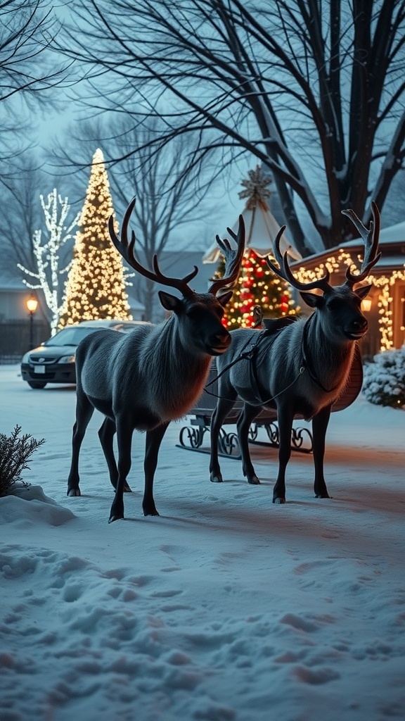 Snowy reindeer and sleigh display with Christmas lights