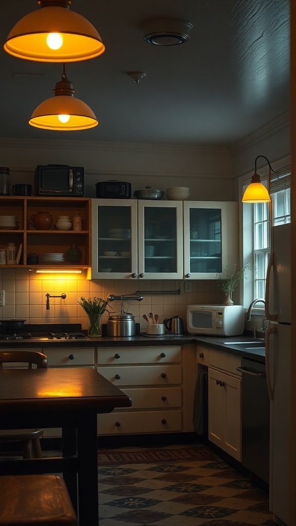 Moody vintage kitchen with warm ambient lighting.