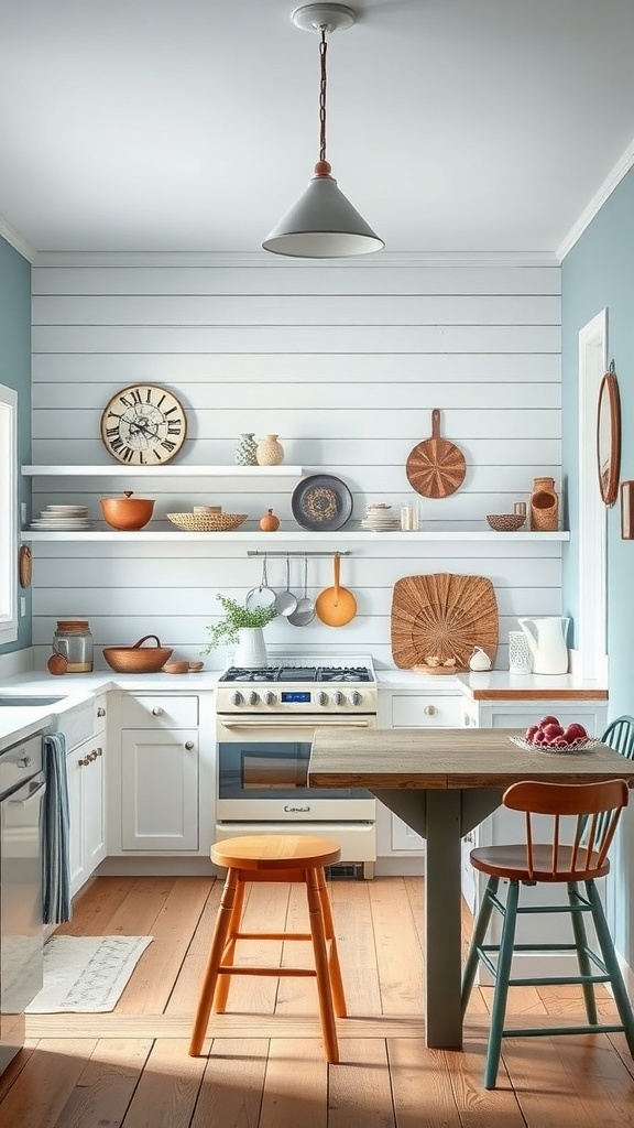A cozy kitchen featuring soft blue walls, white cabinets, and wooden accents.