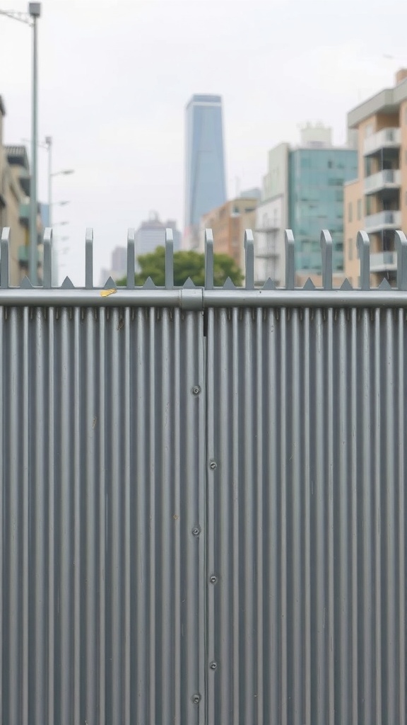 A close-up of a corrugated metal fence with a city skyline in the background.