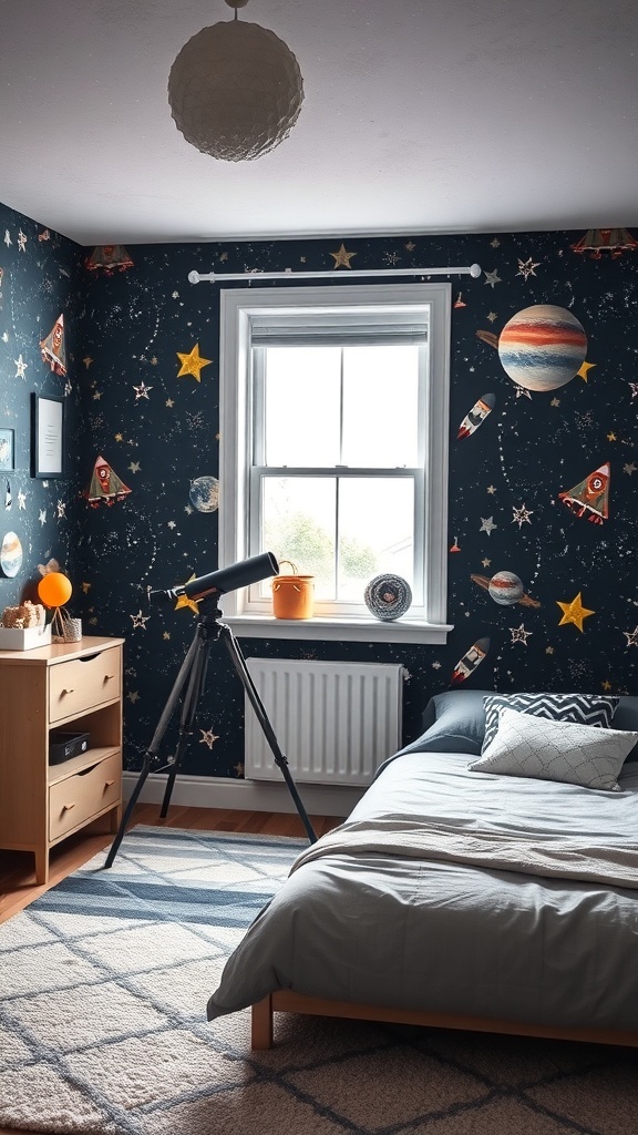 A children's room with space-themed decor, featuring dark wallpaper with stars and planets, a telescope, and a cozy bed.