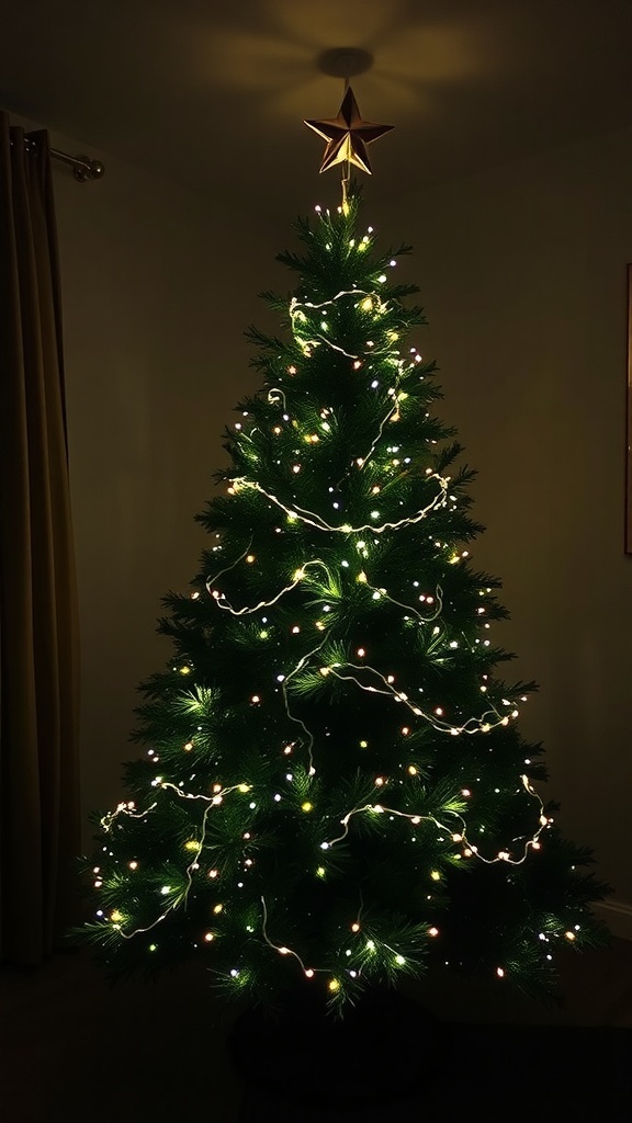 A beautifully decorated Christmas tree with sparkling fairy lights and a star on top.