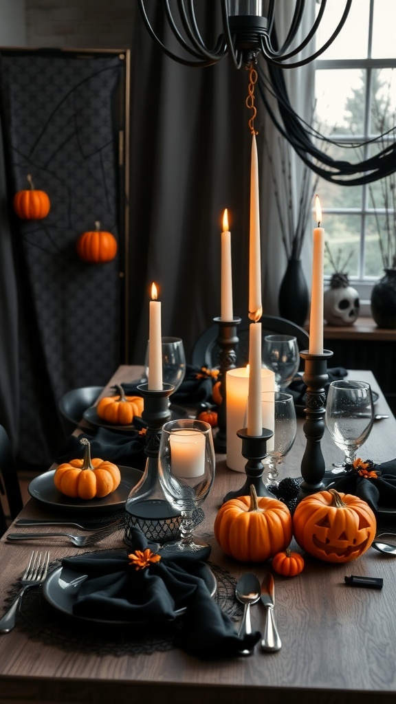 A Halloween tablescape featuring black and orange colors with pumpkins and candles.