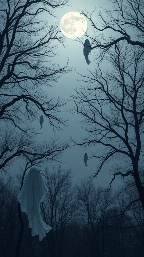 Spooky ghosts hanging from trees under a full moon