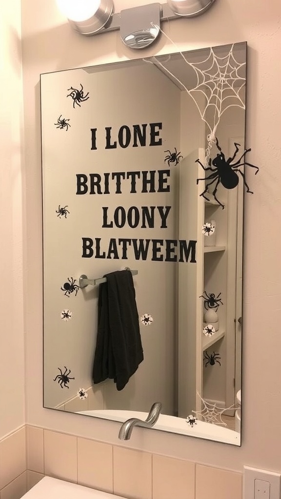 A bathroom mirror decorated with a playful Halloween message and spider decals.