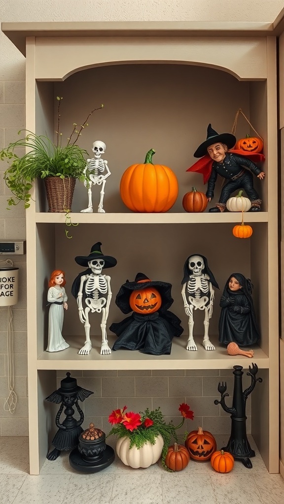 A Halloween-themed kitchen shelf decorated with skeletons, pumpkins, and spooky figures.