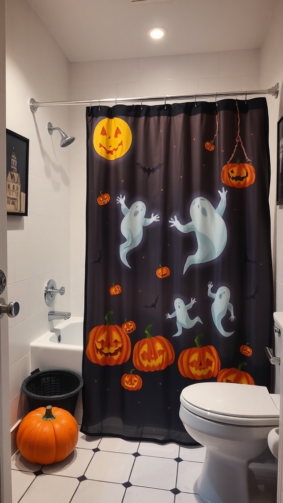 A Halloween-themed bathroom featuring a spooky shower curtain with ghosts and pumpkins.