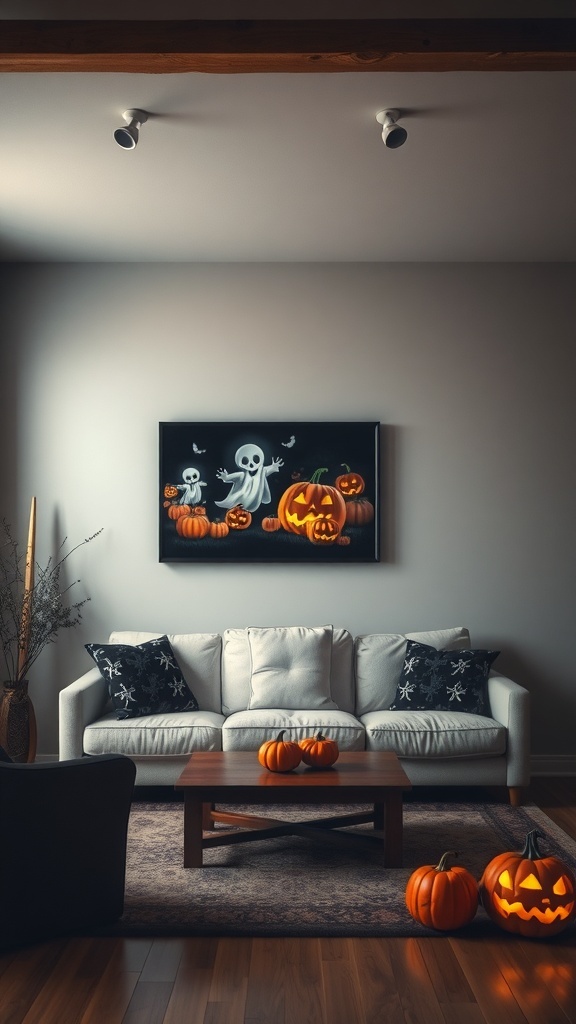 A cozy living room decorated for Halloween with spooky wall art and pumpkins.