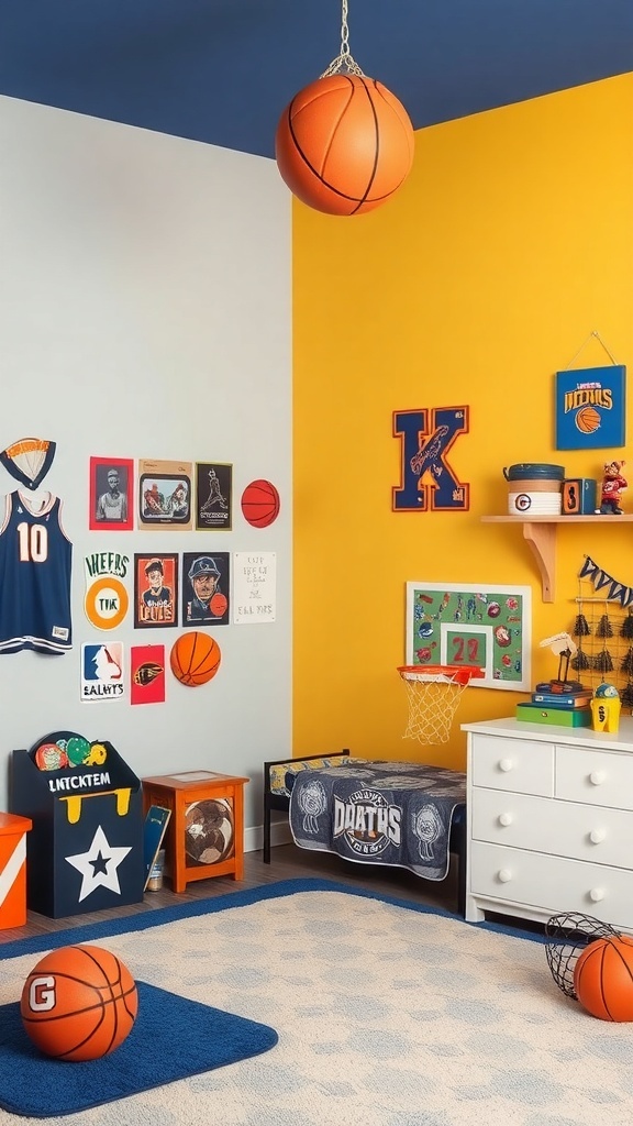A colorful kids' room designed for sports fans, featuring basketballs, jerseys, and sports-themed decor.