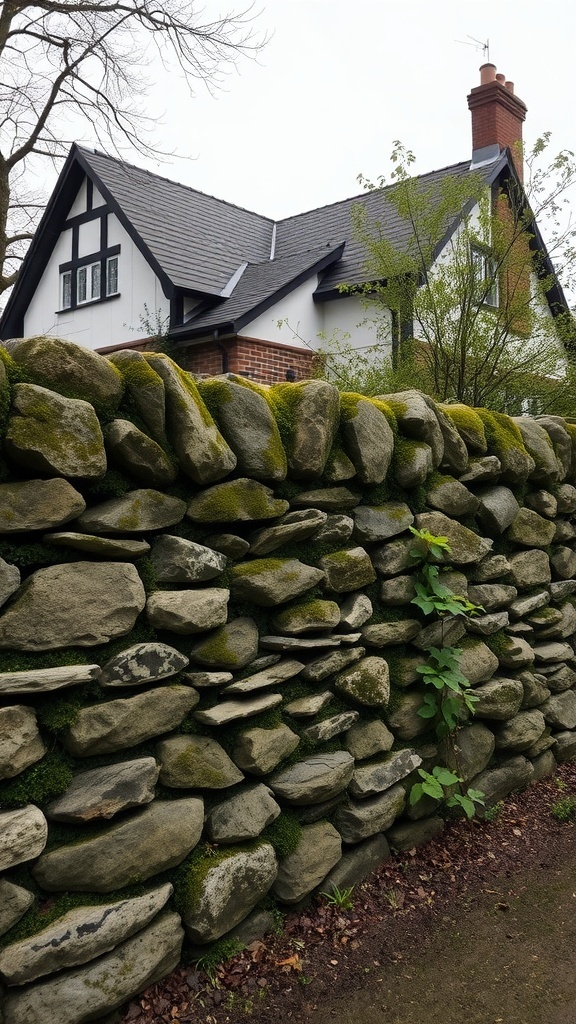 A stone wall with moss, providing a natural boundary in a front yard.