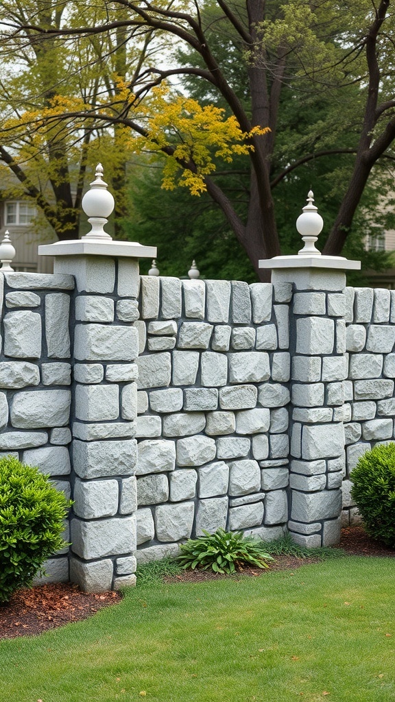 A decorative stone wall fence with white stone pillars and green landscaping.
