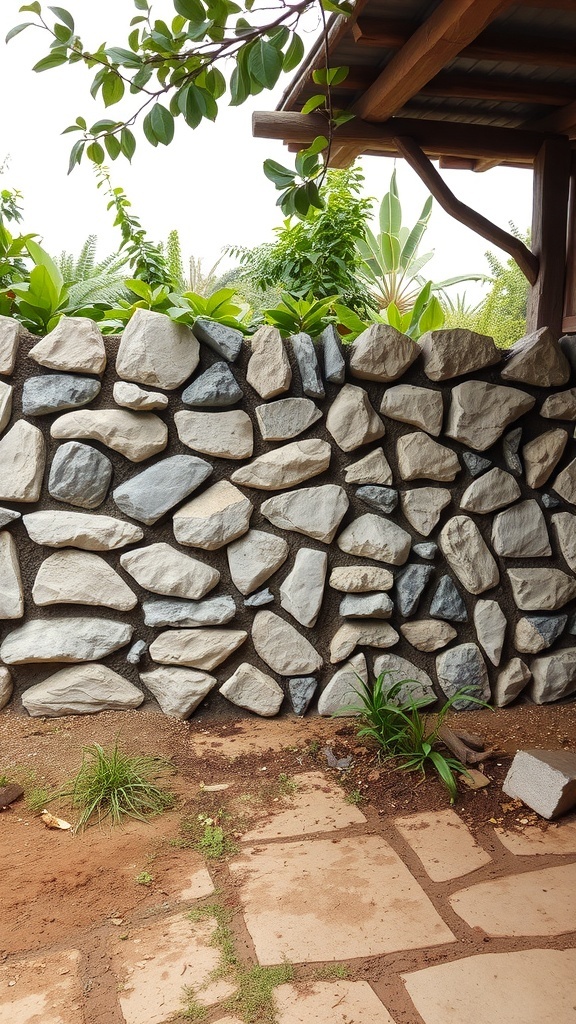 A sturdy stone wall with a mix of light and dark stones, surrounded by greenery.