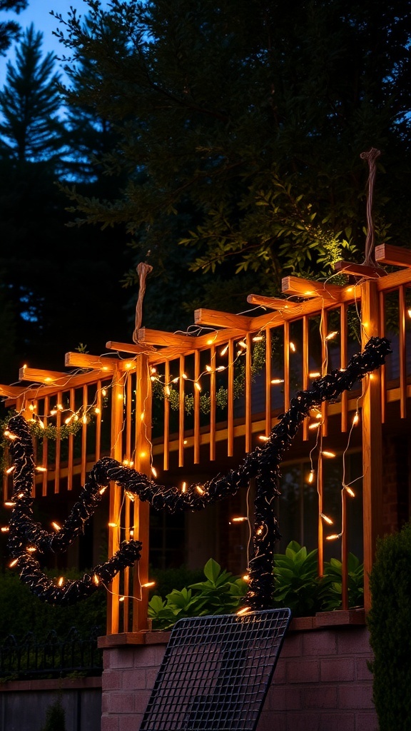 A trellis fence adorned with string lights, creating a warm and inviting atmosphere.